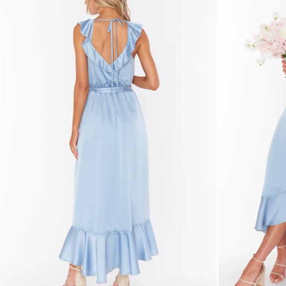 Samantha Ruffle Wrap Dress ~ Steel Blue Luxe Satin NWT SIZE SMALL - Picture 2 of 9